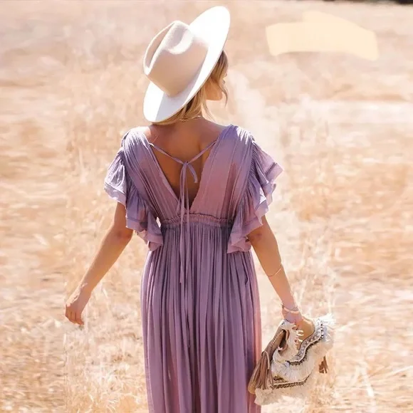 Butterfly Orchid Boho Gauze Button Front Flutter Maxi Dress W/Adjustable Tie - Picture 2 of 12